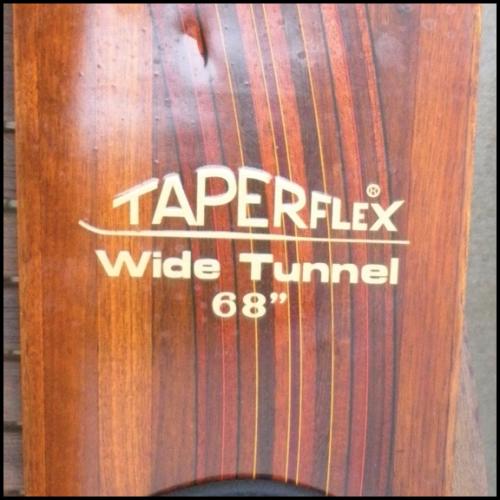 68 inch Wide Tunnel Taperflex decal shown in Metallic Gold on restored ski