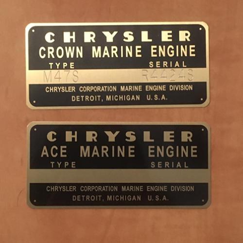 Chrysler Crown & Ace Engine tags shown with Engraving