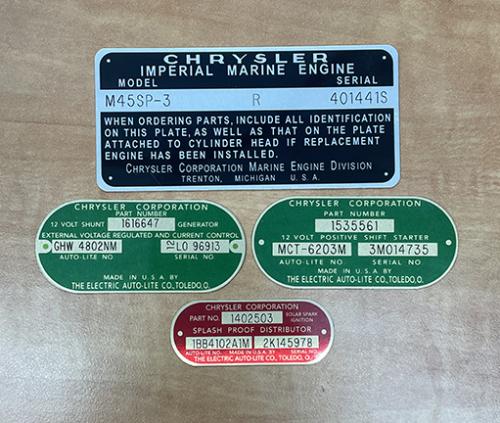 Chrysler Imperial Engine Tag with Chrylser Starter, Generator & Distributor Tags
