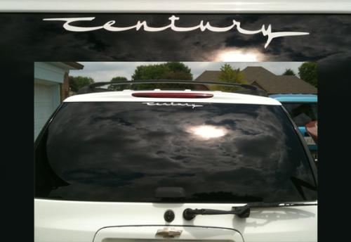 Century Script -  shown on rear window in White Vinyl
